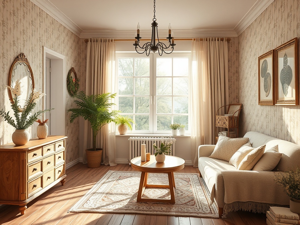 Светлая гостиная с большим окном, растениями, удобным диваном и красивым декором на стенах.