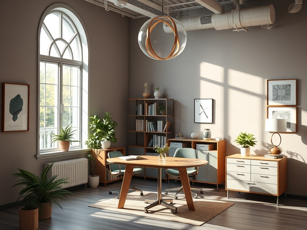 Современный офис с округлым столом, стульями, полками и зелеными растениями у окна, залитым светом.