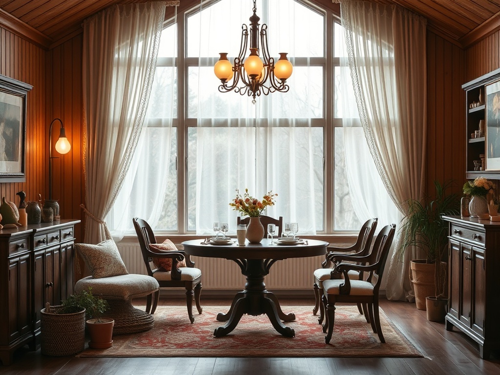 Современный обеденный зал с большими окнами, деревянной мебелью и уютной атмосферой.