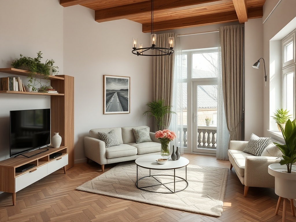 Современный светлый салон с телевизором, уютной мебелью и большими окнами, украшенный растениями и цветами.