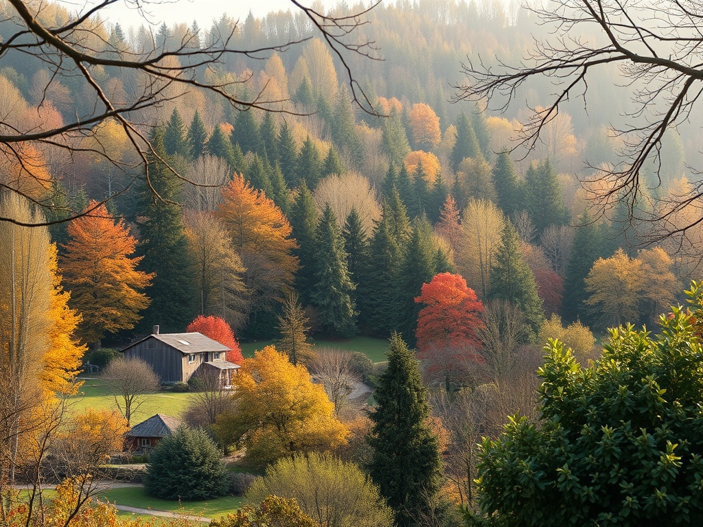 Осенний пейзаж с домом на фоне леса, яркие цвета листвы и мягкий свет создают атмосферу уюта.
