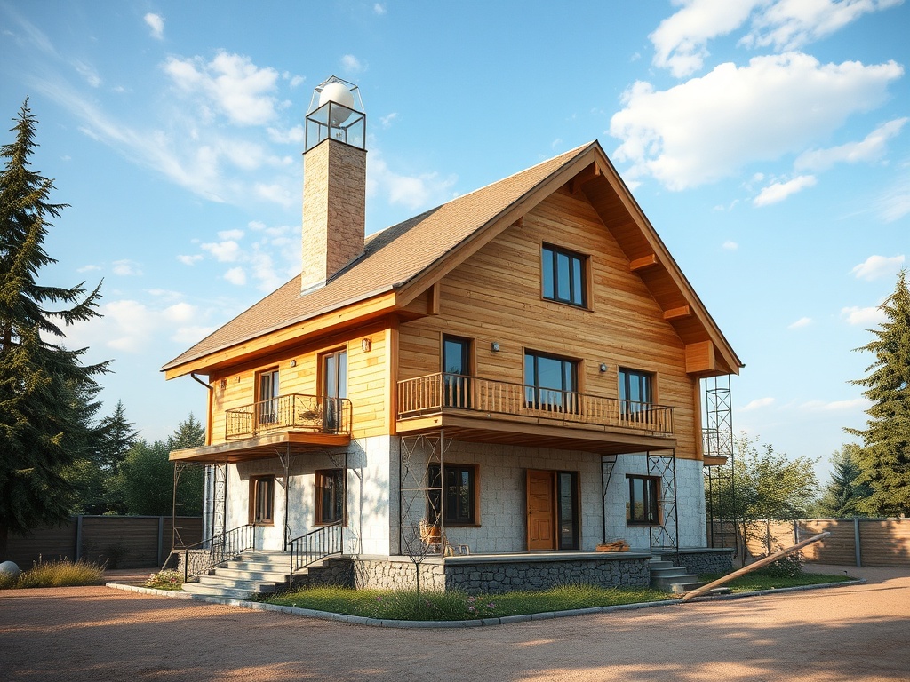 Деревянный дом с мансардой и балконами, окруженный зелеными деревьями и ясным небом.