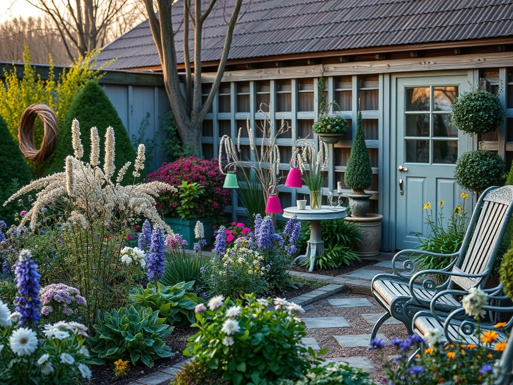 Солнечный сад с цветами, уютной беседкой и красивой дверью, создающий атмосферу спокойствия и красоты.