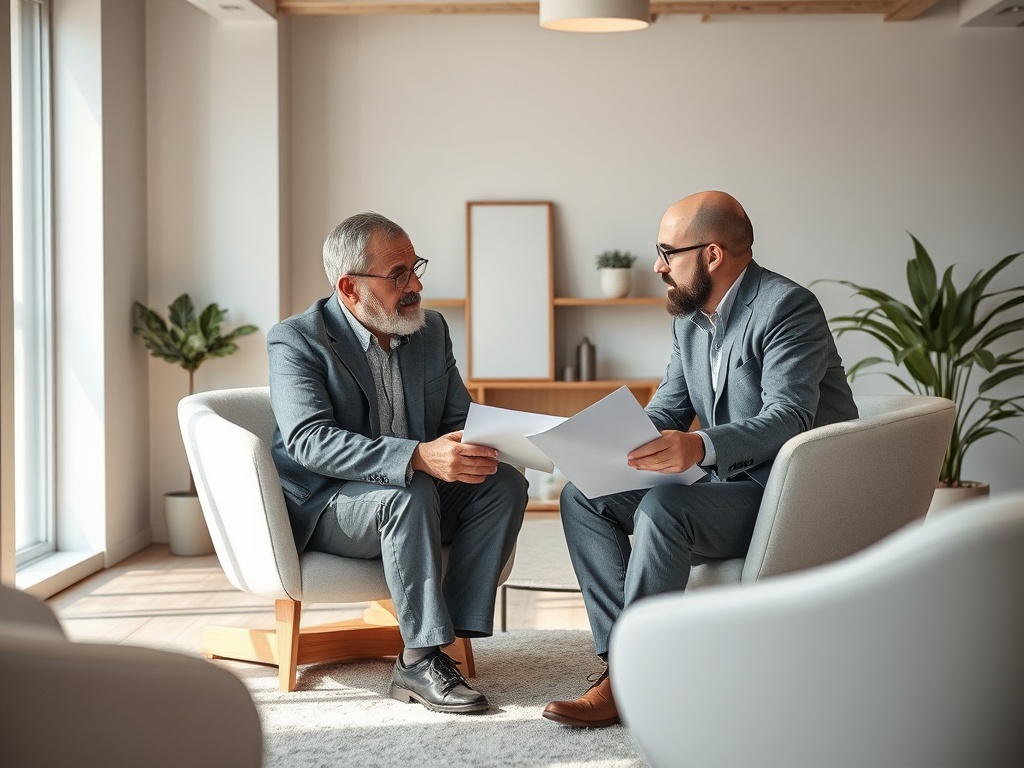 Два человека в деловых костюмах обсуждают документы в современном офисе, сидя в креслах.