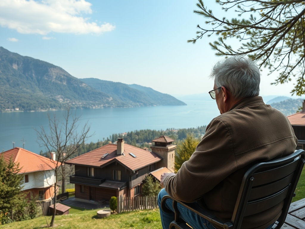 Пожилой человек сидит, смотря на живописный вид озера и окрестные горы.