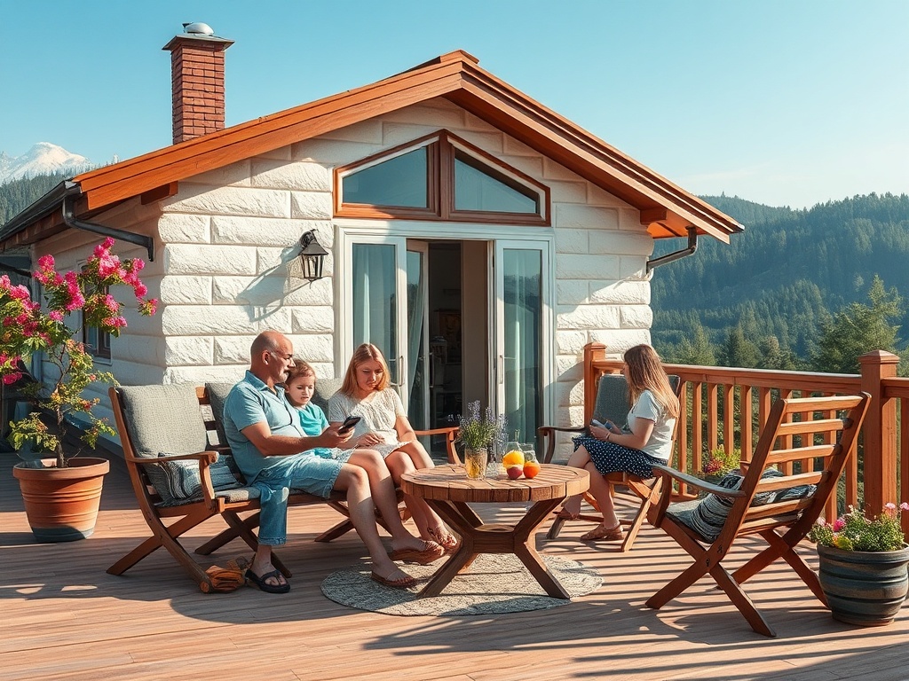 Семья отдыхает на террасе дома, наслаждаясь природой и солнечной погодой. На столе напитки и цветы.