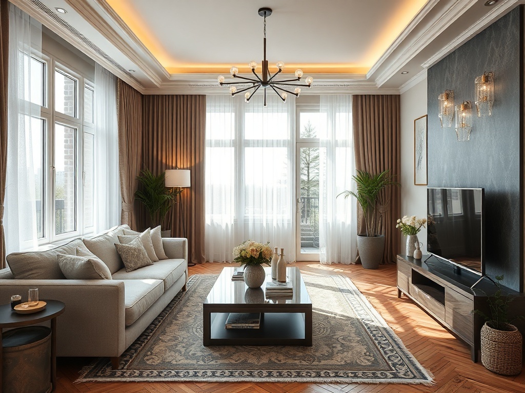 Светлая гостиная с большим окном, уютным диваном и современными элементами декора.