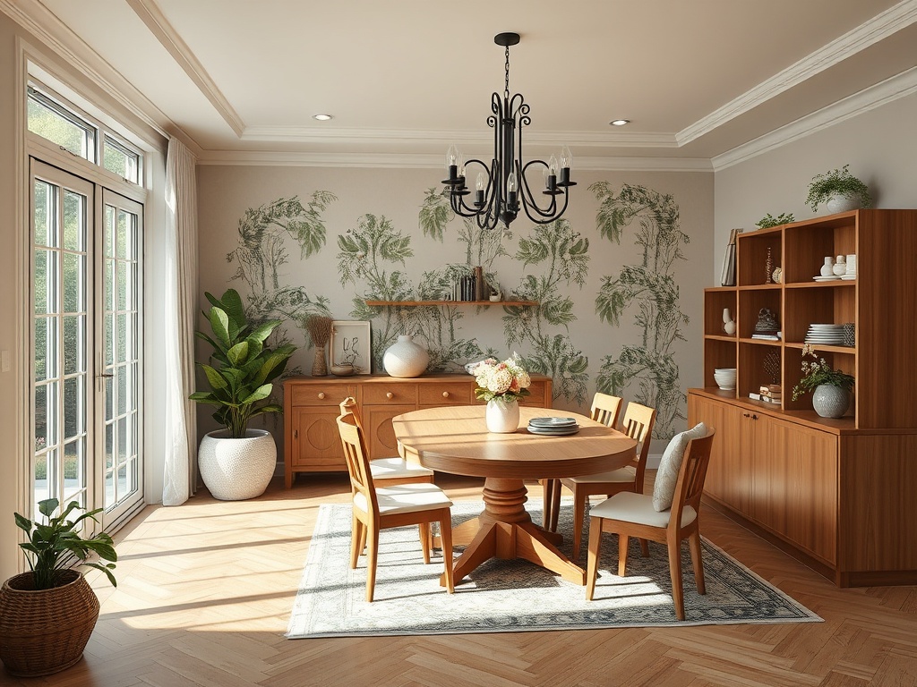 Светлая столовая с деревянной мебелью, круглый стол, цветы в вазе и зеленые растения на фоне обоев.