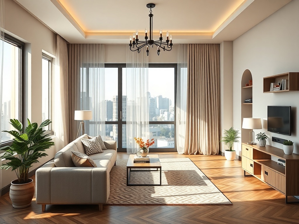Современная гостиная с диваном, растениями и ТВ, большие окна с городским пейзажем на фоне.