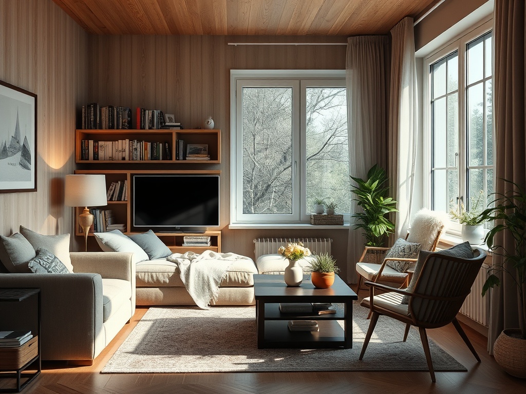 Современная гостиная с телевизором, книгами, растениями и уютной мебелью у окна. Светло и уютно.