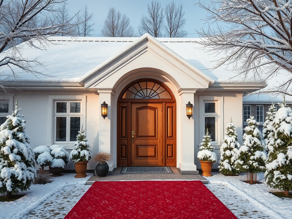 Уютный зимний дом с деревянной дверью и снежными деревьями, украшенный красным ковром у входа.
