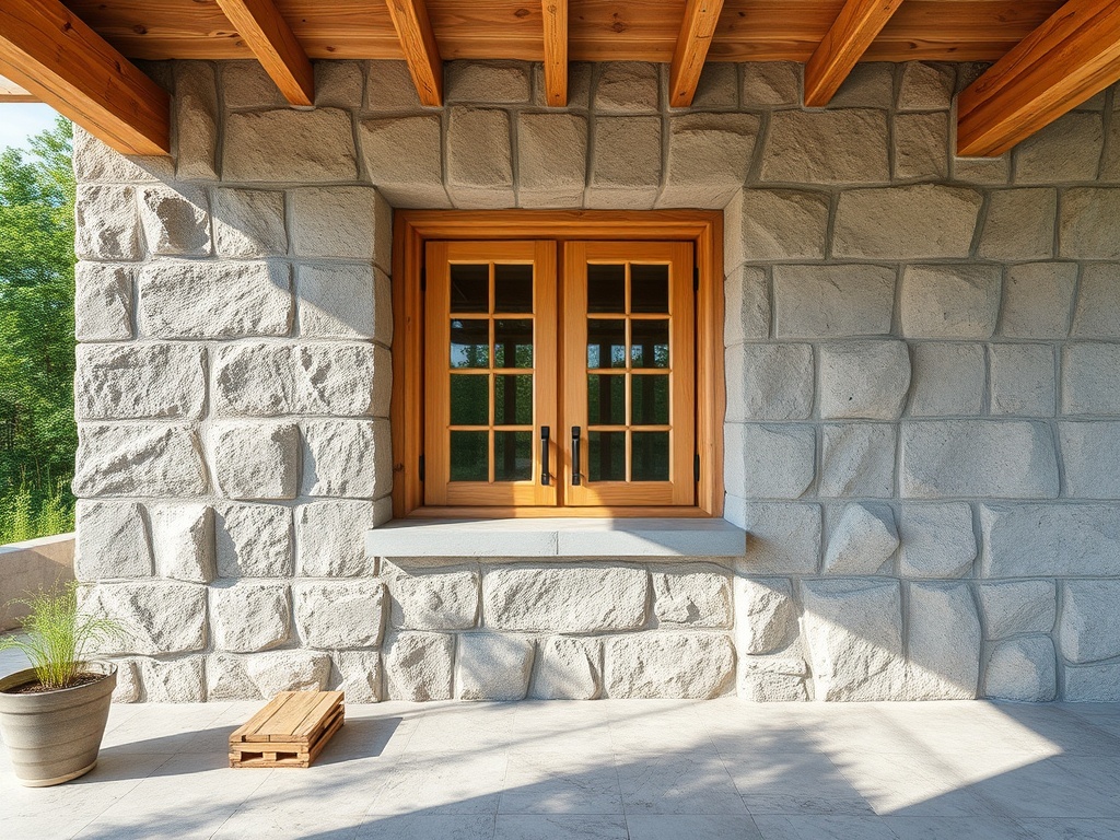 Кирпичная стена с деревянным окном и подоконником, рядом горшок с растением и деревянная подставка.