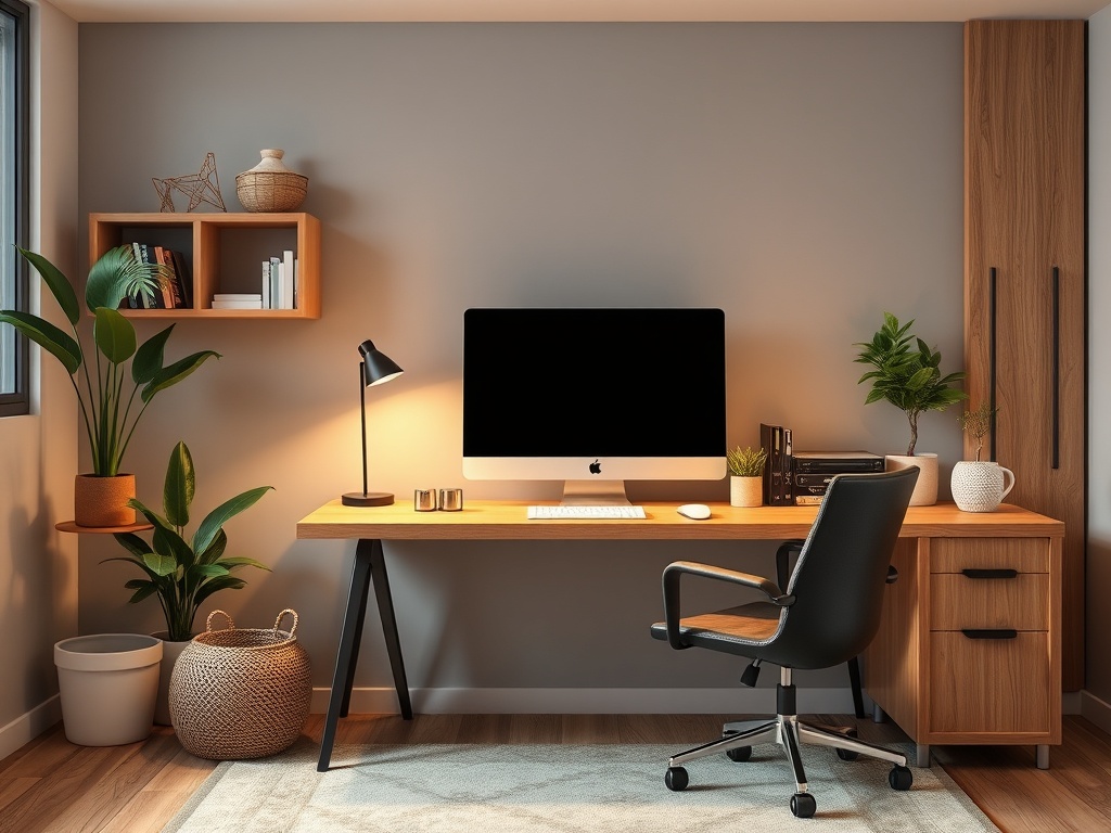 Современный офис с деревянным столом, компьютером и зелеными растениями на фоне серой стены.