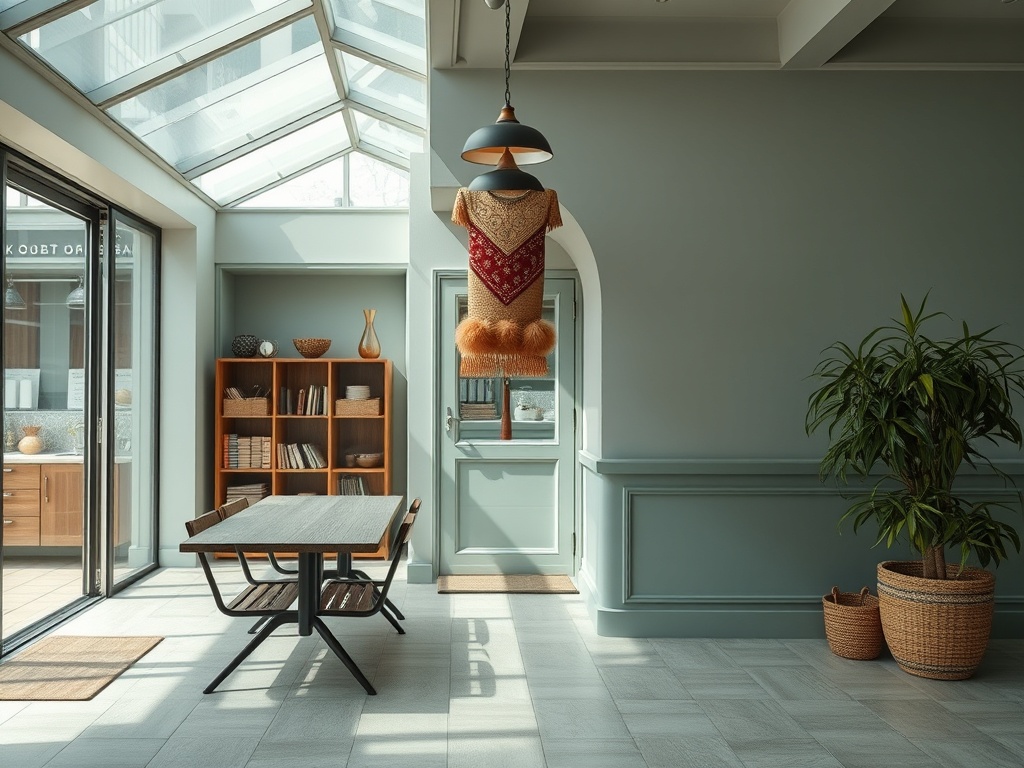 Светлая комната с большими окнами, деревянной мебелью и зелёным растением в углу. Уютная атмосфера.