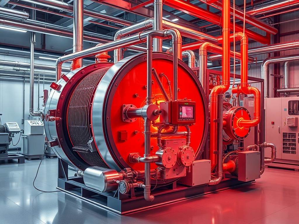Современное промышленное оборудование с трубами и автоматикой в красном свете.