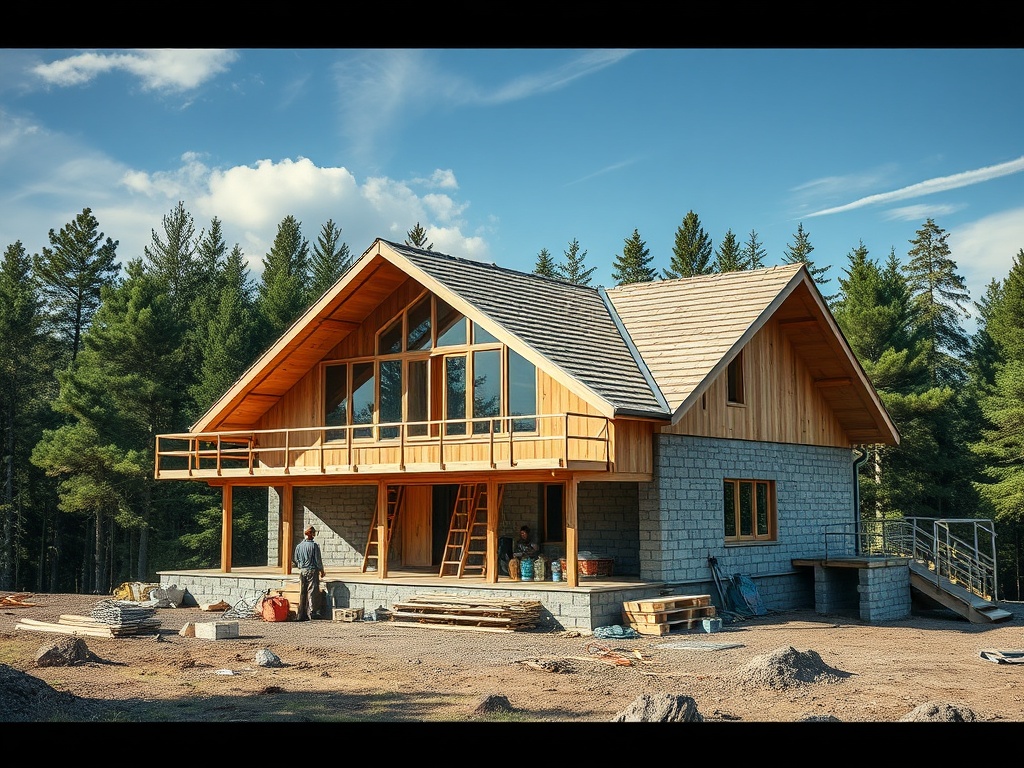Строительство деревянного дома в лесу, рабочий заготовит фасад, вокруг много строительных материалов.