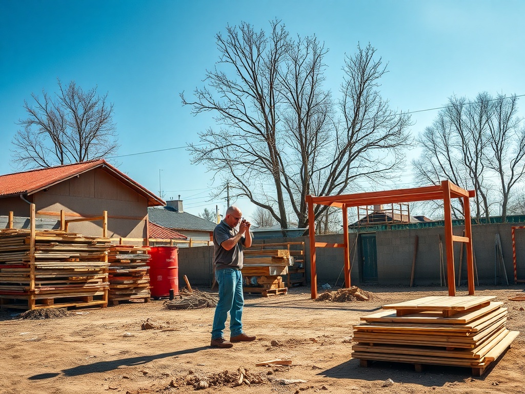 Человек на строительной площадке смотрит на листы фанеры среди древесных материалов под ясным небом.