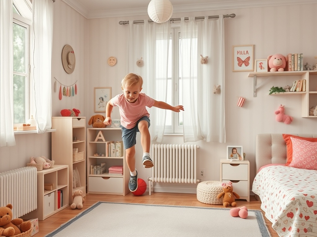 Мальчик в розовой футболке прыгает в светлой комнате с игрушками и уютной атмосферой.