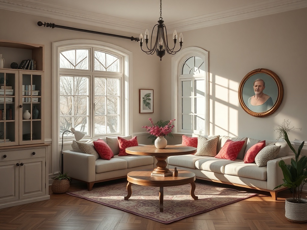 Светлая гостиная с диваном, круглыми столом и портретом на стене. Уютная атмосфера.