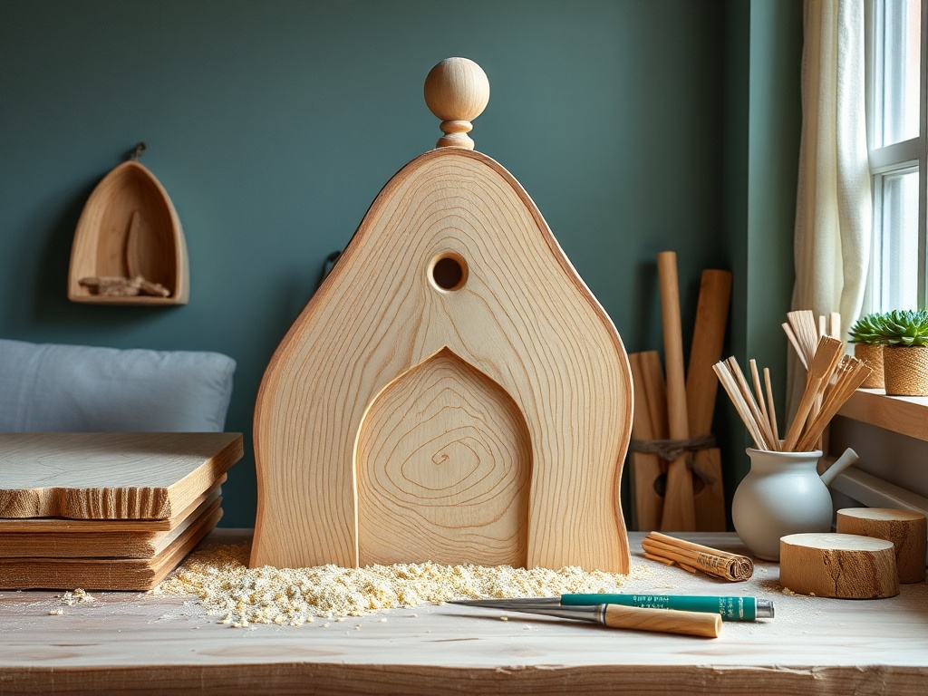 Деревянный домик для птиц на столе с инструментами и древесной стружкой, фон в теплых тонах.