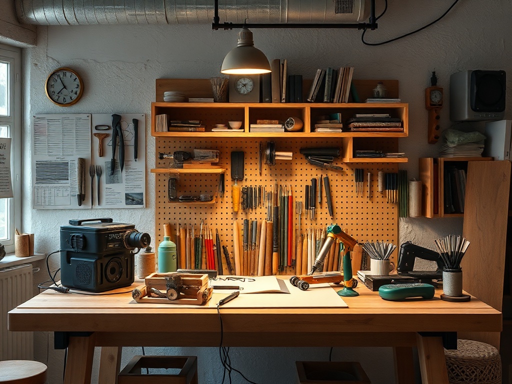 Рабочий стол с инструментами, красками и книгами в уютной мастерской. Стены украшены полками и инструментами.