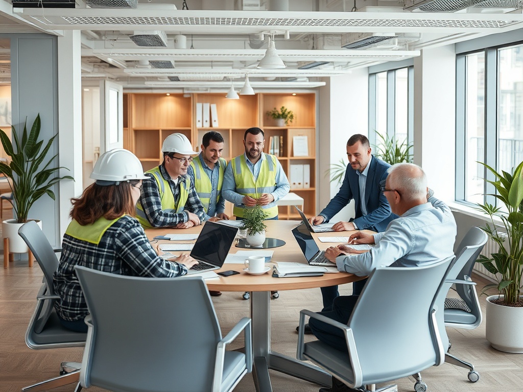 Группа людей в касках обсуждает проект в современном офисе, сидя за круглым столом.