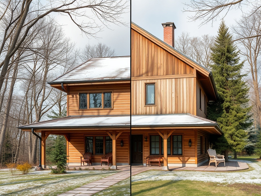 Деревянный дом с красивой крышей и зимним пейзажем вокруг, окруженный деревьями и снежным покровом.