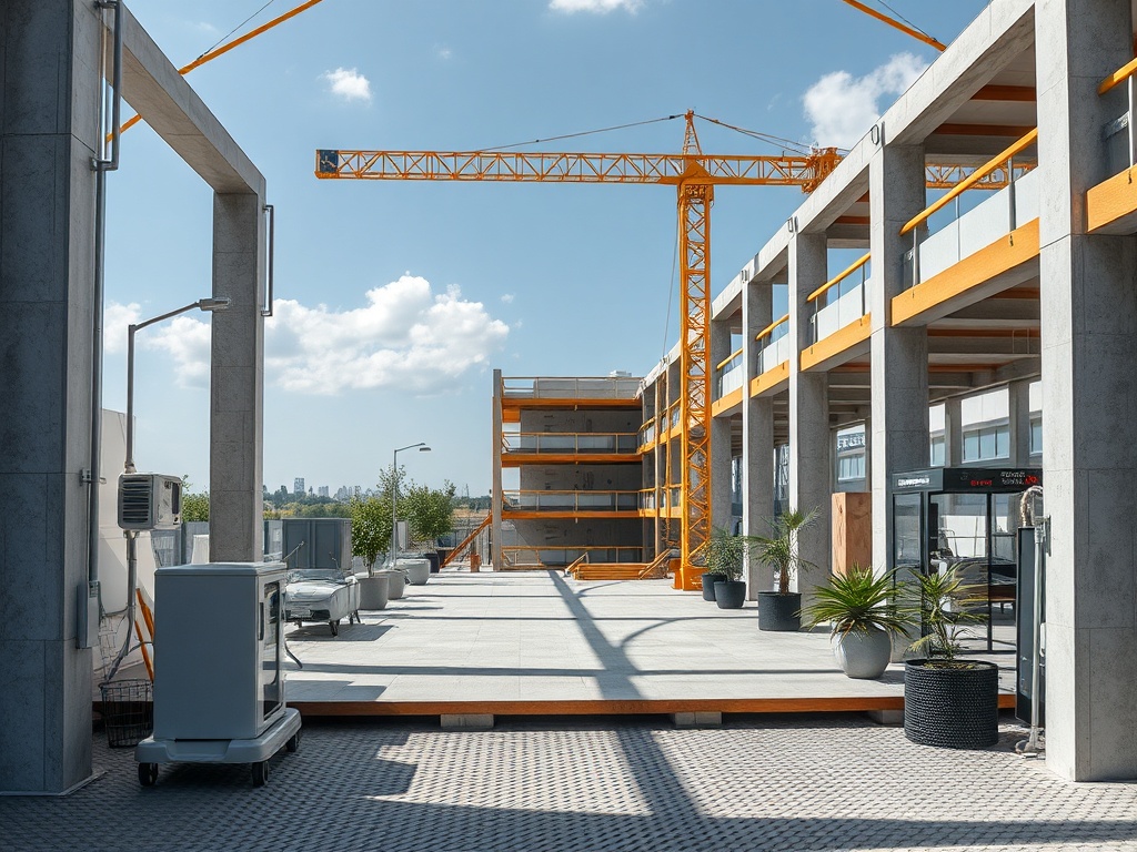 Строительная площадка с подъемным краном, современное здание без отделки и зелеными растениями.