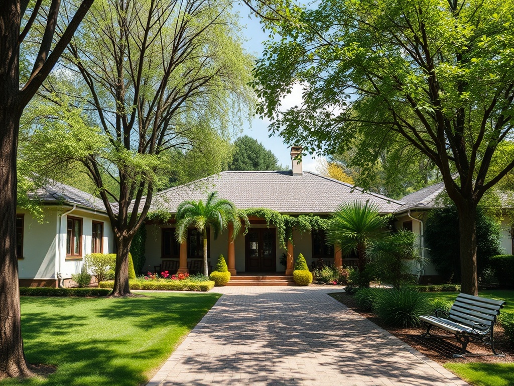 Уютный дом в окружении зелени и деревьев, с красивым садом и ухоженной дорожкой к входу.