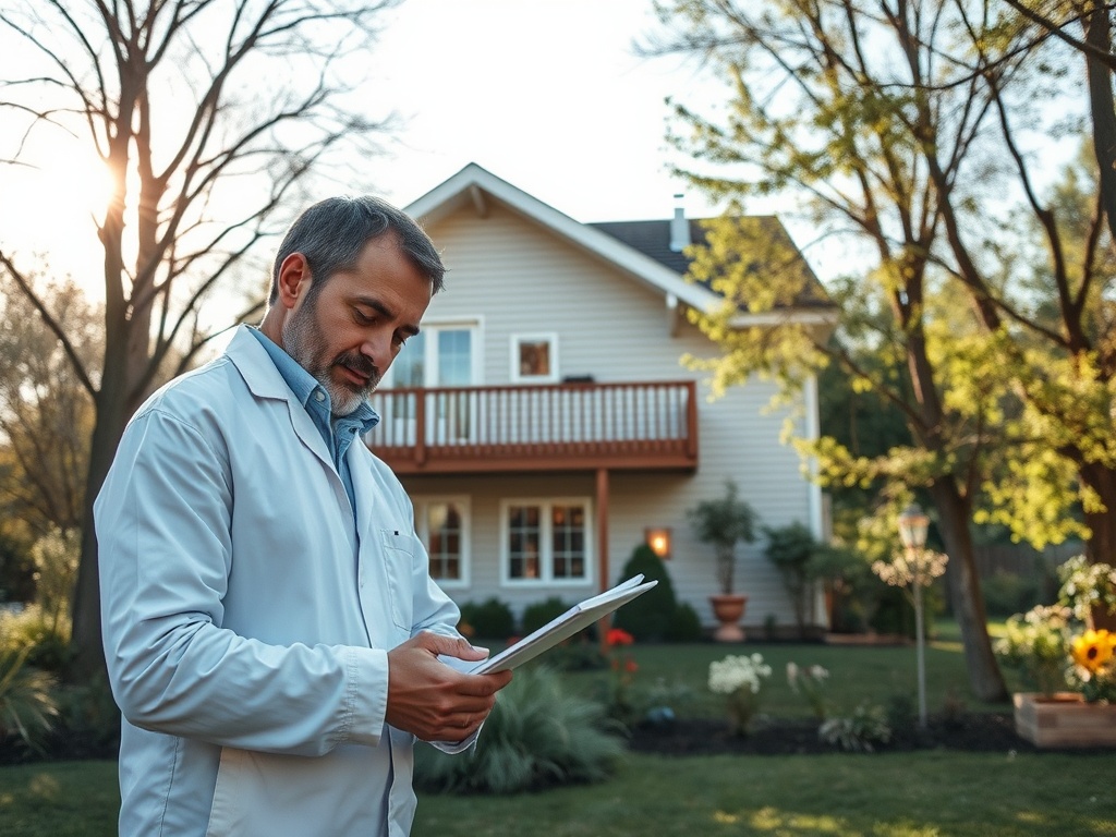 Мужчина в белом халате читает документы на фоне дома и сада в солнечный день.