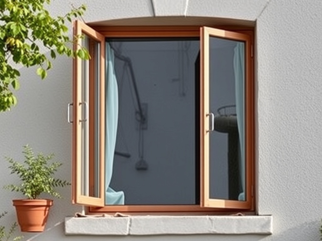 Окно с деревянной рамой и шторами, открытое к наружу, рядом горшок с растением.