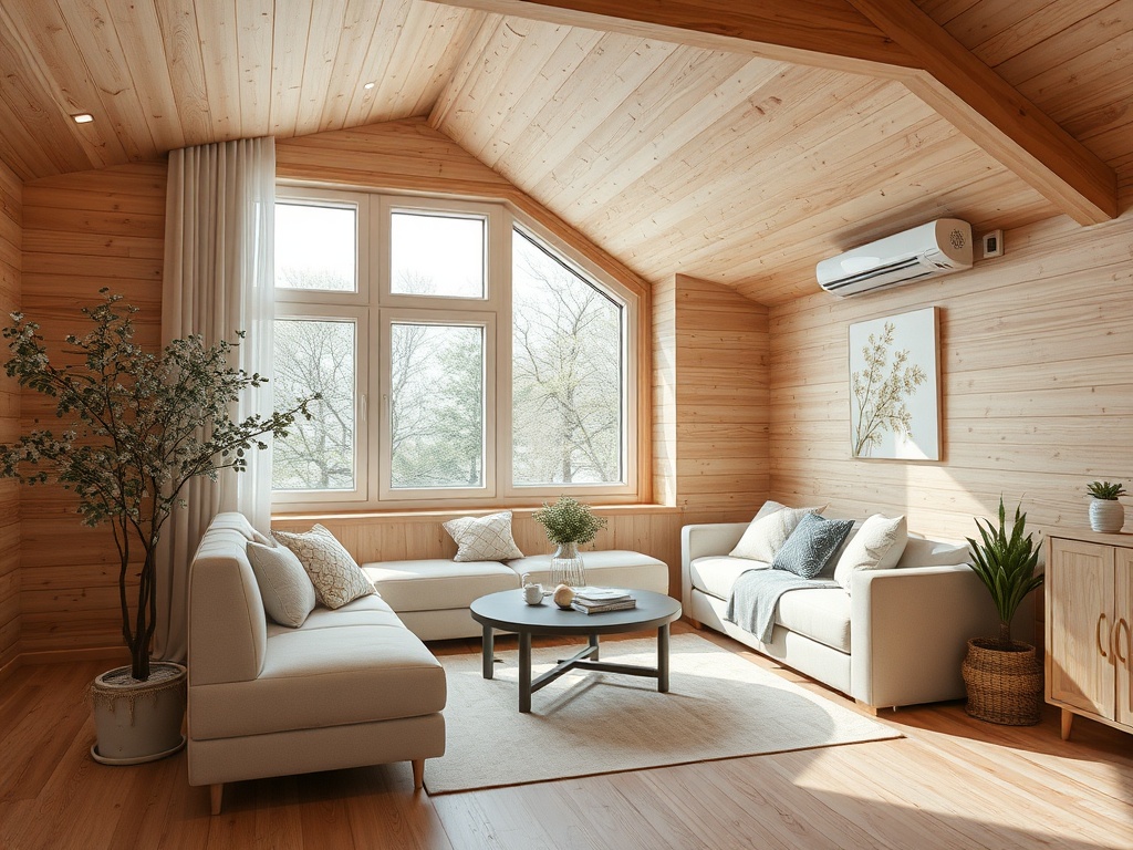 Светлая комната с деревянными стенами, большими окнами и уютной мебелью. Растение в углу добавляет свежести.