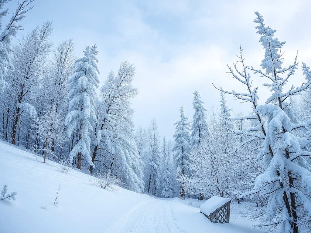 Заснеженный лес в зимний день, деревья покрыты белым снегом, тихая и спокойная атмосфера.